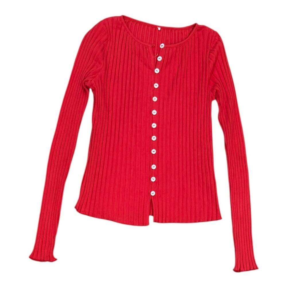 Free People Bright Red Ribbed Button-Front Cardigan - Picture 2 of 7